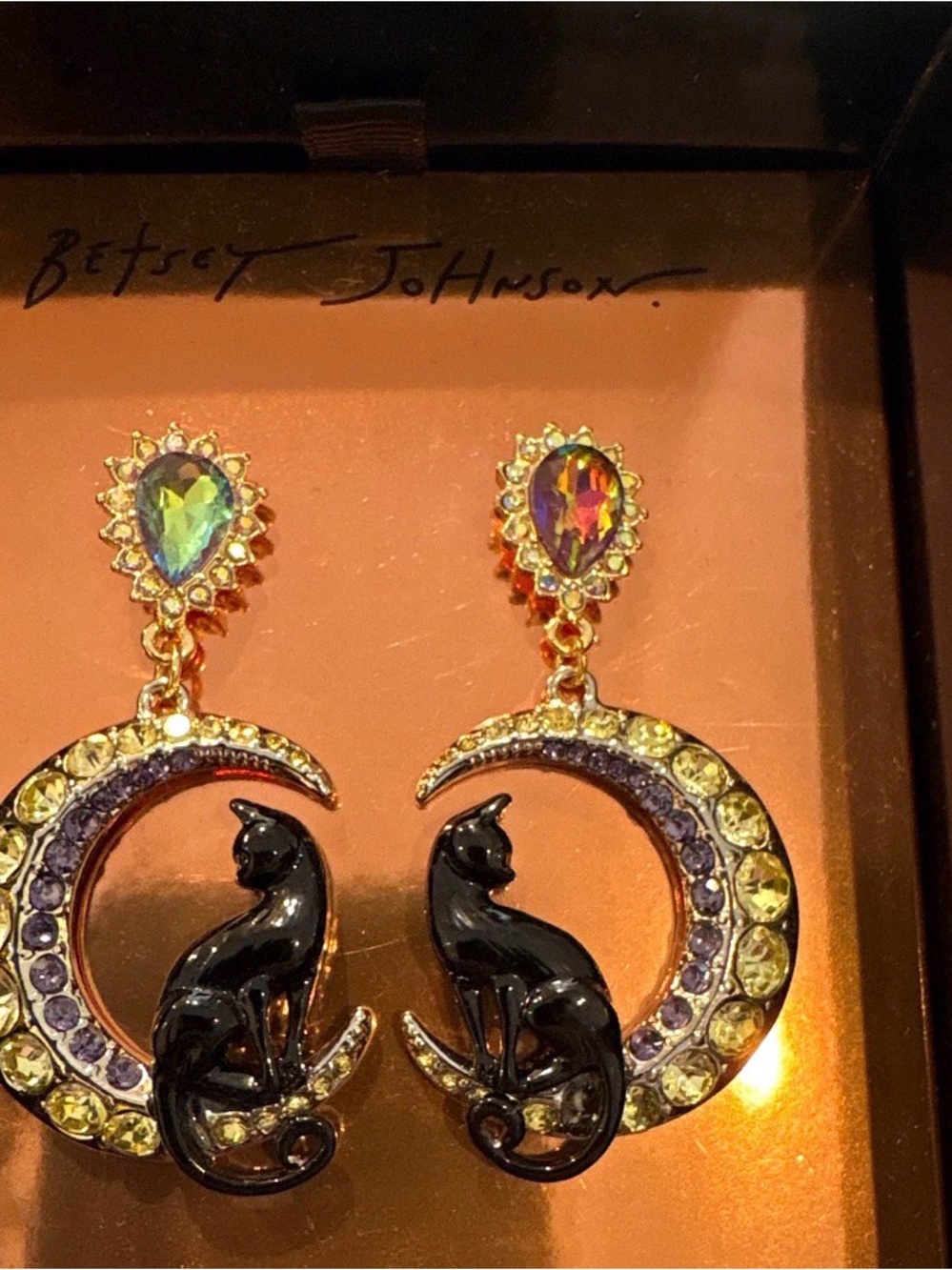 Betsey Johnson Cat and Moon Rhinestone Earrings NWT